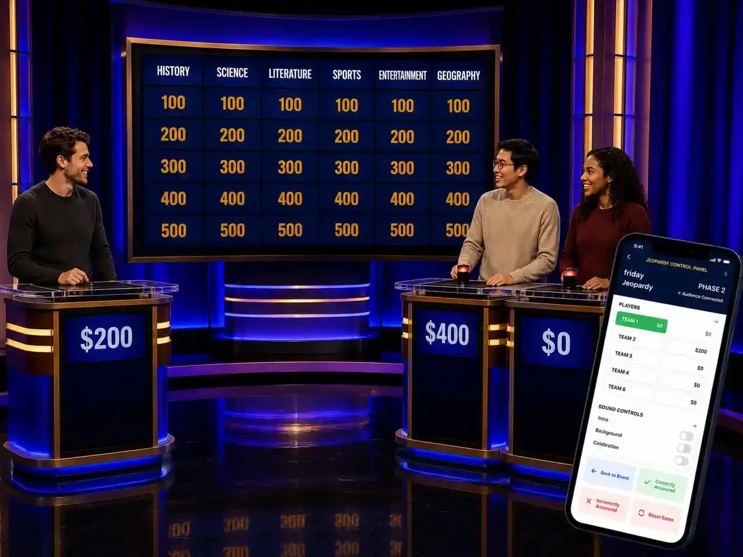 Jeopardy-style game board displayed on a TV with host controls on a phone