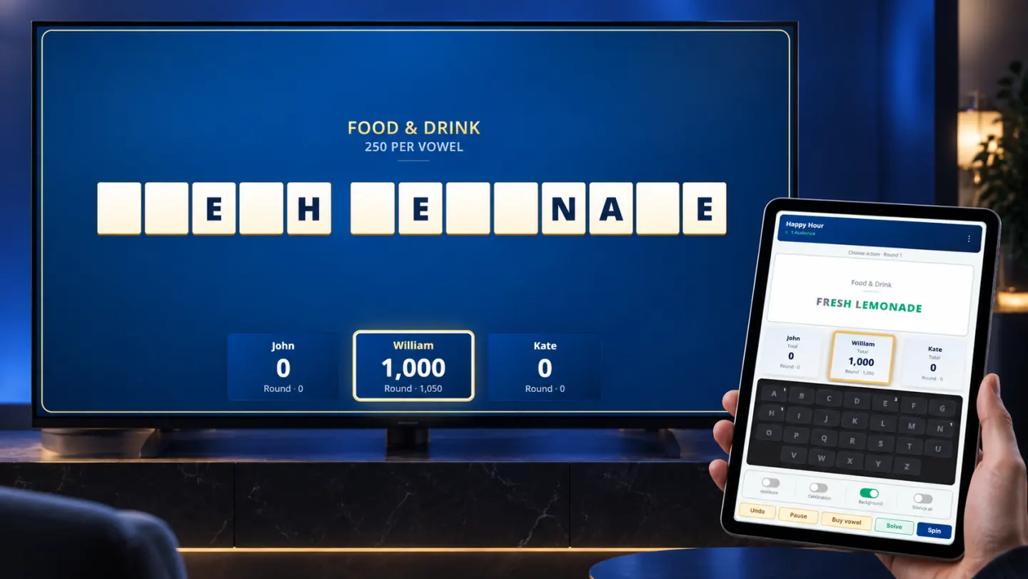 Word Wheel puzzle board and colorful wheel on a TV beside private host controls on a phone